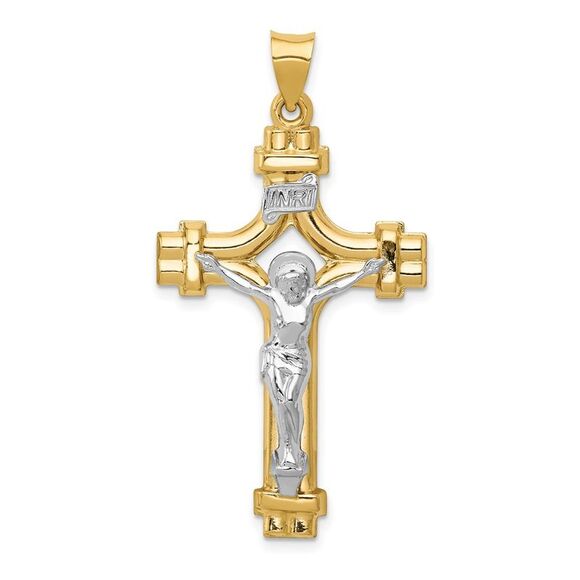 Men's 14k Two Tone Gold Hollow 2D INRI Crucifix Pendant, 24 x 45mm - Picture 1 of 5